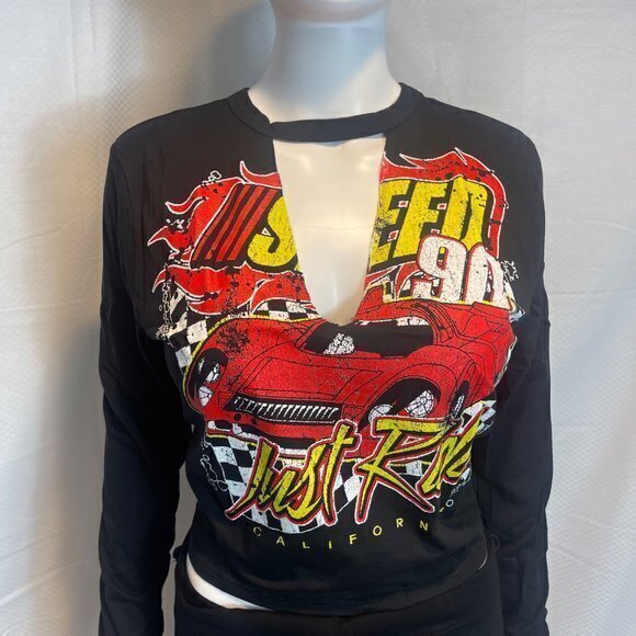 Just Ride Cut Out V-Neck Long Sleeve Cotton Tee - Black Size M RefFNB3 - Picture 9 of 11